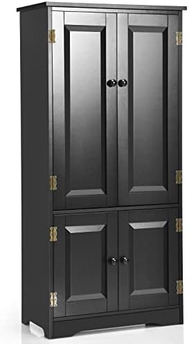 GIANTEX Kitchen Pantry Storage Cabinet, Wood Cupboard Organizer, Adjustable Shelf & Anti-Tilt Design Floor Cabinet for Living Room Bathroom (Black)
