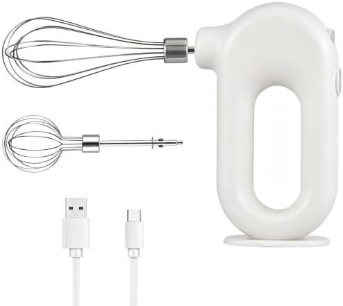 Cordless Hand Mixer, Electric Hand Whisk Portable Egg Beater Handheld Egg Beater Electric Handheld 4 Speed Adjustable Mini Hand Mixer Electric Mixer, USB Charing, 1500mah(White)