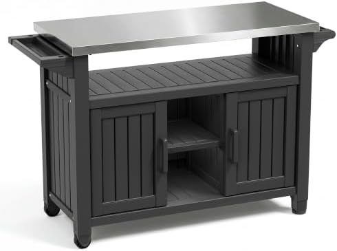Bifanuo Outdoor Grill Table Grill Cart with Stainless Steel Top & Storage Cabinet for Food Prep and Storage, Portable and Durable with Wheels (Standard Black)