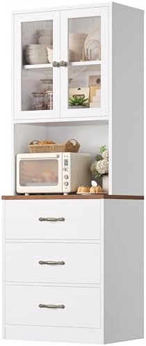 Keyluv 71“ Tall Kitchen Pantry Storage Cabinet with Microwave Stand, Buffet Kitchen Hutch with Shelves and Drawers, Wood Coffee Bar Pantry Cabinet with Glass Doors, for Dining Room/Small Space, White