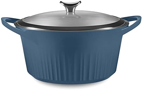 CorningWare QuickHeat 5.5-QT Cast Aluminum Dutch Oven With Lid & Non-Stick Ceramic Interior, Lightweight and Fast Even Heat Baking & Cooking, For Meats, Soup, Browning, Searing, French Navy