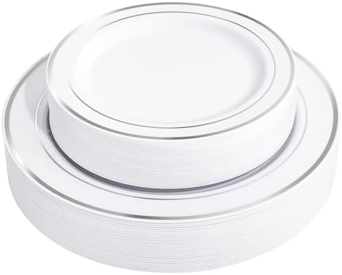 FLOWERCAT 60PCS Silver Plastic Plates - Heavy Duty White and Silver Plastic Plates Disposable - Include 30PCS 10.25inch Dinner Plates and 30PCS 7.5inch Dessert Plates for Fall Wedding&Birthday Party
