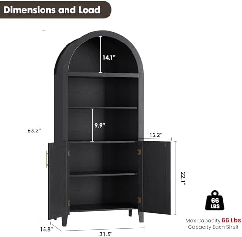 Arched Kitchen Pantry Cabinet with Doors, 5-Tier Open Display Shelf, Black