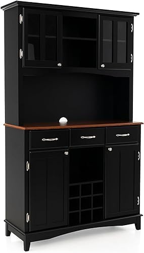 72.5'' Kitchen Pantry Cabinet, Tall Buffet Sideboard w/ 3-Position Adjustable Shelves & 9-Grid Wine Rack, Freestanding Microwave Cabinet for Kitchen, Dining Room, Living Room (Black)