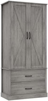 65" Tall Kitchen Pantry Cabinet with Barn Doors, Drawers & Adjustable Shelf, Farmhouse Storage Cabinet with Doors and Shelves for Kitchen Pantry Storage Cabinet, Dining Room, Laundry & Entryway, Grey