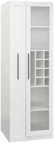 KEIKI Pull-Out Kitchen Pantry Storage Cabinet with Multi-Tier Shelf, Glass Doors, Spice Rack Next to Fridge, Freestanding Wood Hutch Food Pantries Cupboard for Coffee Bar, Dining Room, Narrow Spaces