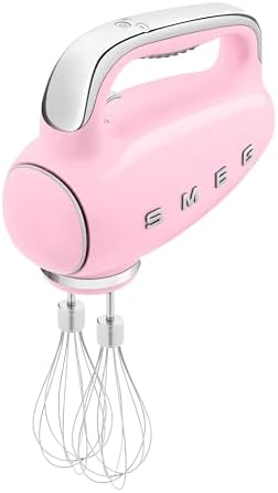SMEG Pink 50's Retro Style Electric Hand Mixer with Set of Dough Hooks, Set of Beaters, and Set of Whisks