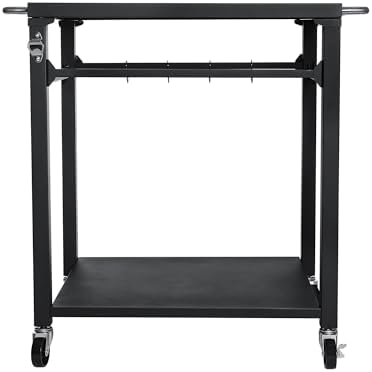 KEIKI 2-Tier Outdoor Grill Cart Table with 4 Wheels, Tool Hooks, Movable BBQ Cooking Prep Table, Pizza Oven Table, Serving Bar Cart for Backyard, Indoor, Outside, Kitchen, Stainless Steel