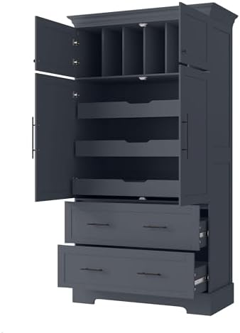 Merax 72.6" Farmhouse Kitchen Pantry Cabinet with Pull-Out Trays & Drawers, Freestanding Pantry with Cake Pan Storage, 4-Door Shaker Style Storage Cabinet, 40" L x 18" W, Grey