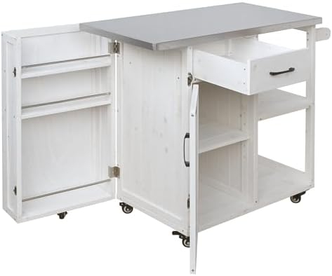 Merax 40.5" Outdoor Grill Cart Table with Storage Cabinet & Stainless Steel Top, Fir Wood Outdoor Kitchen Island on Lockable Wheels, Built-in Towel & Spice Racks for Patio BBQ Food Prep, White