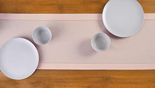 Solino Home Cotton Linen Table Runner Pink, Hemstitch Collection 14 x 48 in