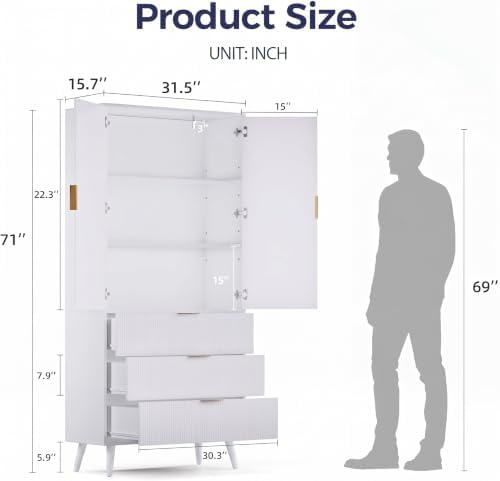 NicBex Kitchen Pantry Cabinet with 3 Drawers & Adjustable Shelves, White