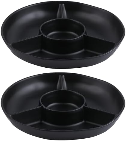 Chip & Dip Serving Tray Set, 4 Sectional Round Melamine Serving Platter, Relish Tray, Round Compartment Appetizer platter for Veggies, Candy and Snacks, Matte Black, Set of 2