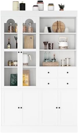 Merax Wood Kitchen Pantry with 4 Drawers, 3 Cabinets and Hutch, Tall Cupboard Dining Storage Cabinet with Door Shelves and Pull-Out Trays for Living Room, Kitchen, Dining Room White