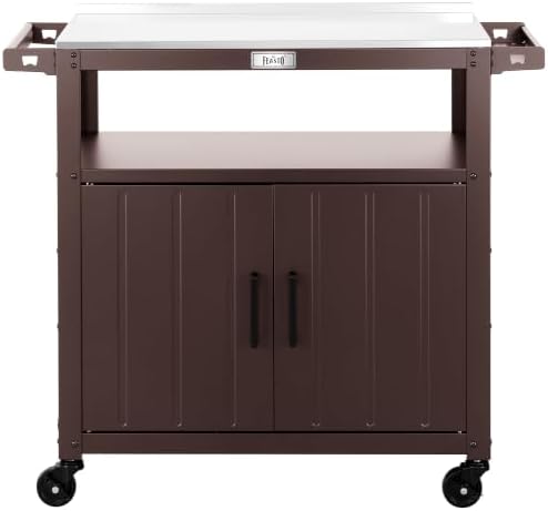 Feasto Outdoor Grill Cart w/Storage Cabinet, Stainless Steel Top, Brown