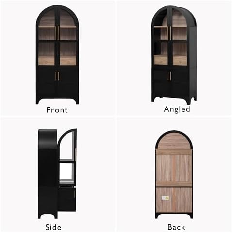 GDFStudio Mariah 71" Tall Arched Kitchen Pantry Cabinet with Hidden Drawer, Glass Door & Adjustable Shelves, Farmhouse Storage Cabinet Cupboard for Kitchen Dining Room, Home Pantry Storage, Black