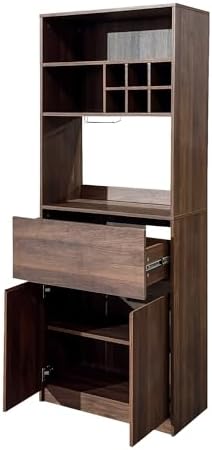 KEIKI 70.87" H Tall Kitchen Pantry Wine Bar Storage Cabinet with Countertop, Wine Rack, Glass Holder, Drawers, Wood Freestanding Hutch Food Pantries Cupboard for Coffee, Dining Living Room