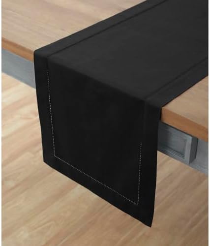 Solino Home Cotton Linen Table Runner Black Hemstitch, 14 x 48 in