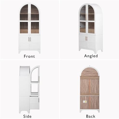 Merax 71" Farmhouse Arched Pantry Cabinet with Glass Doors & Hidden Drawer, Adjustable Shelves Storage Cupboard for Kitchen/Dining Room, White