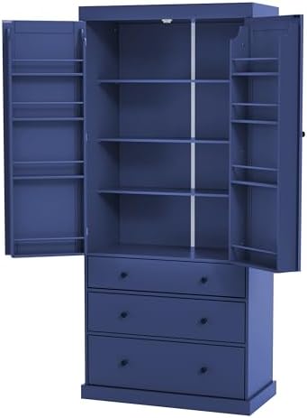 Merax 77" Tall Kitchen Storage Cabinet Pantry Farmhouse Freestanding Large Cupboard with 3 Drawers,Adjustable Shelves,8 Door-Shelf for Dining Room