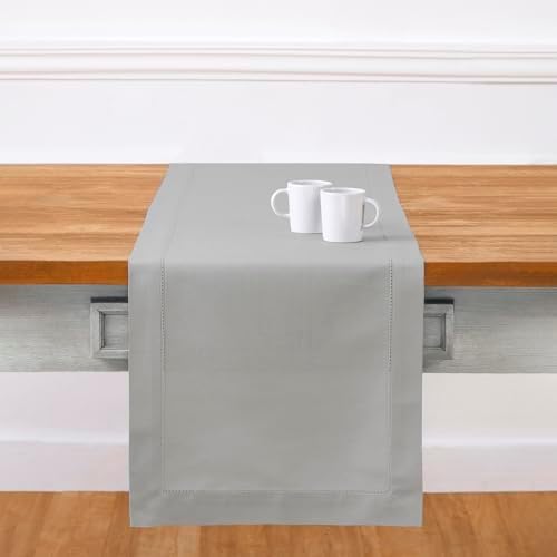 Solino Home Cotton Linen Table Runner Grey Hemstitch, 14 x 132 in