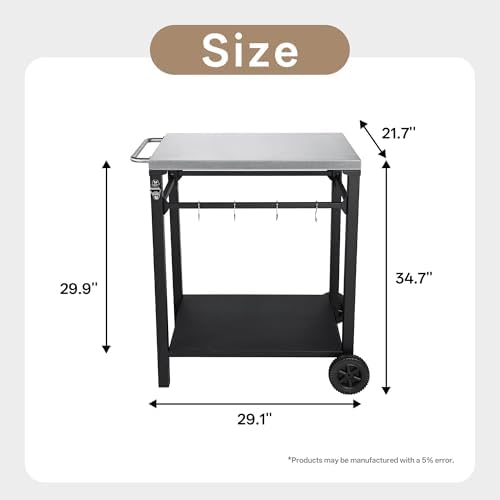 KEIKI 2-Tier Outdoor Grill Cart Table with 2 Wheels, Tool Hooks, Movable BBQ Cooking Prep Table, Pizza Oven Table, Serving Bar Cart for Backyard, Indoor, Outside, Kitchen, Stainless Steel