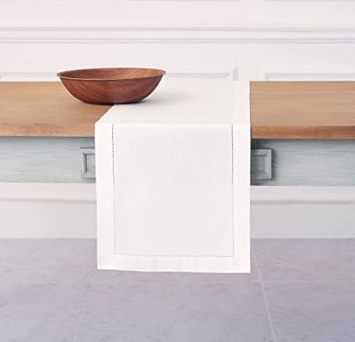 Solino Home Cotton Linen Table Runner White Hemstitch, 14 x 72 in