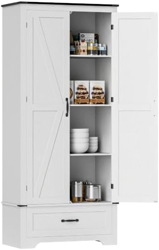 HOMCOM 72" Tall Kitchen Pantry Cabinet with Drawer, Distressed White