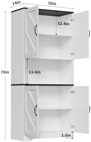 Garvee 70" Kitchen Pantry Cabinet, Farmhouse Tall Pantry Storage with Barn Doors and Adjustable Shelves, Wood Cupboard Locker for Kitchen, Dining Room, Living Room, Garage, White