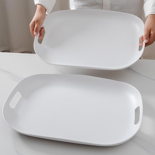 Extra Large Serving Platter, Set of 2, 18.75 x 14.375 x 2 Inch Large Melamine Serving Tray with Handle,Rectangular Serving Trays for Party, Big Turkey Platter, Dishwasher Safe, Matte White