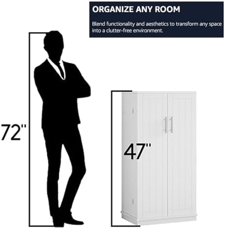 SUNLEI 47" Kitchen Pantry Storage Cabinet, Modern Freestanding Pantry Storage Cabinet with Adjustable Shelves, Buffet Cupboards Storage for Kitchen, Dining Room, White