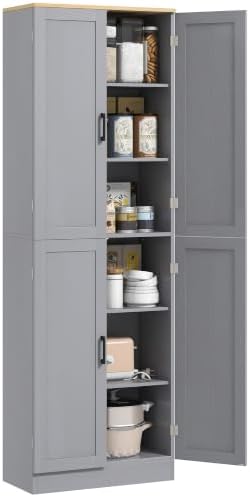 HOMCOM 67" Freestanding Kitchen Pantry 4-Door Cabinet Distressed Gray