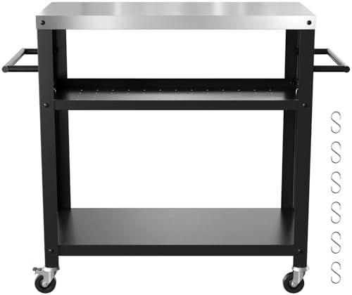 Baotree Outdoor Grill Cart Table, Stainless Steel Outdoor Grill Cart Pizza Oven Stand Trolley Table with Two Side Handle, Garden Patio BBQ Kitchen Heavy Duty Table Cart (Black)