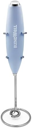 BlendWell Electric Milk Frother for Matcha and Coffee, Handheld Battery Operated Drink Mixer with Stand, Stainless Steel Whisk, Light Blue