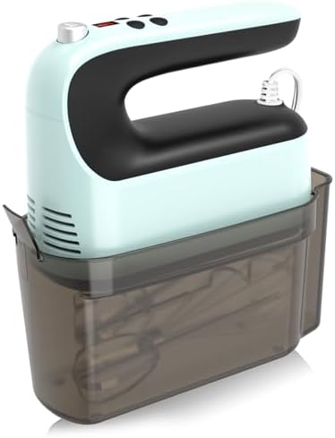 Yomelo 9-Speed Digital Hand Mixer Electric, 400W Powerful DC Motor, Hand Mixer Electric Handheld with Snap-On Storage Case, 5 Stainless Steel Accessories, Beaters, Dough Hooks, Whisk(Ice Blue/Black)