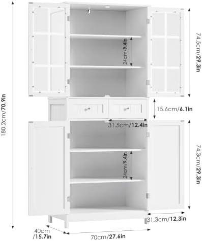 BOTLOG 71" Tall Kitchen Pantry Storage Cabinet, Pantry Cabinet with Drawers and Glass Doors, Freestanding Kitchen Cupboard for Dining Room, Laundry, White