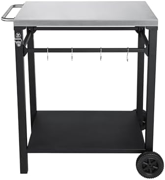 KEIKI 2-Tier Outdoor Grill Cart Table with 2 Wheels, Tool Hooks, Movable BBQ Cooking Prep Table, Pizza Oven Table, Serving Bar Cart for Backyard, Indoor, Outside, Kitchen, Stainless Steel