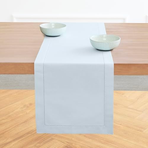 Solino Home Cotton Linen Table Runner Light Blue Hemstitch, 14 x 120 in
