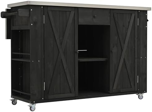 52.25" W Outdoor Kitchen Island Patio Grill Cart with Stainless Steel Tabletop, Storage Cabinet for BBQ, Bar