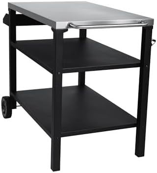 KEIKI 3-Tier Outdoor Grill Cart Table with 2 Wheels, Seasoning Tray, Movable BBQ Cooking Prep Table, Pizza Oven Table, Serving Bar Cart for Backyard, Indoor, Outside, Kitchen Room, Stainless Steel