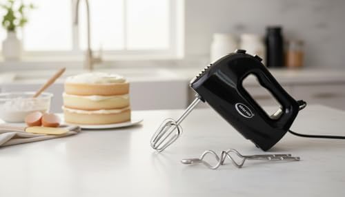 J&V TEXTILES Electric Hand Mixer, 5-Speed with Whisk and Traditional Beaters, 250 Watts, Black