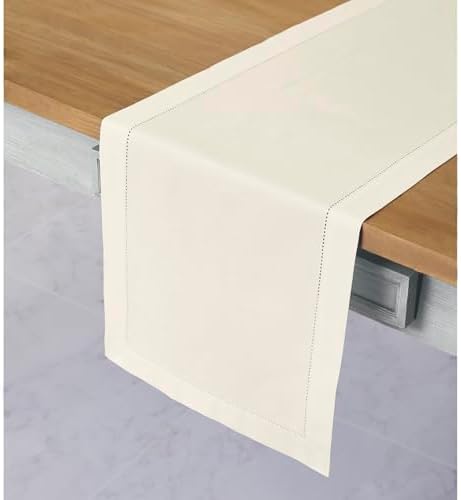 Solino Home Cotton Linen Table Runner Ivory Hemstitch, 14 x 90 in