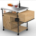 Outdoor Grill Cart with Ice Bucket, Wood & Iron Patio Serving Trolley