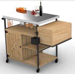 Outdoor Grill Cart with Ice Bucket, Wood & Iron Patio Serving Trolley