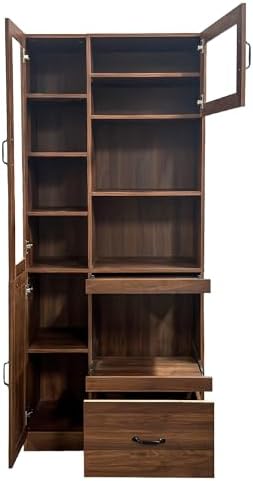 KEIKI 70.87" H Tall Kitchen Pantry Storage Cabinet with Countertop, Glass Doors, Drawers, Microwave Stand & Pull-Out Shelf, Freestanding Wood Hutch Food Pantries Cupboard for Coffee Bar, Dining Room
