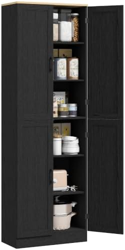 HOMCOM 67" Freestanding Kitchen Pantry 4-Door Cabinet Distressed Black