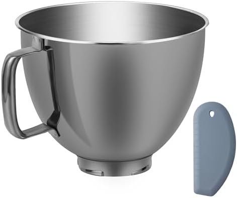 5 Quart Metallic Finish Stainless Steel Mixer Bowl for KitchenAid Classic&Artisan Series 4.5-5 QT Tilt-Head Mixer, Gray Color, Silicone Scraper, Dishwasher Safe, Fit K45SS KSM75 KSM90 KSM150