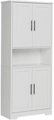 Takywep Modern Tall Freestanding Pantry Cabinet 70", Storage Cupboard with 4 Doors, Adjustable Shelves & Open Shelf, Multipurpose Home Organizer for Living Room, Kitchen, Dining Room, White