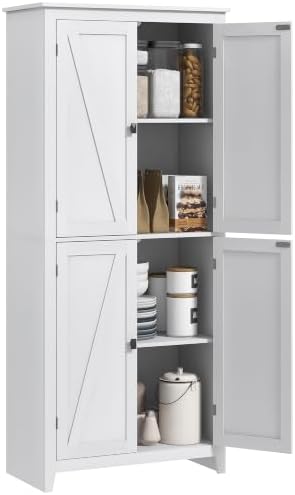 HOMCOM 72" Freestanding Kitchen Pantry Cabinet, Farmhouse 4-Door White