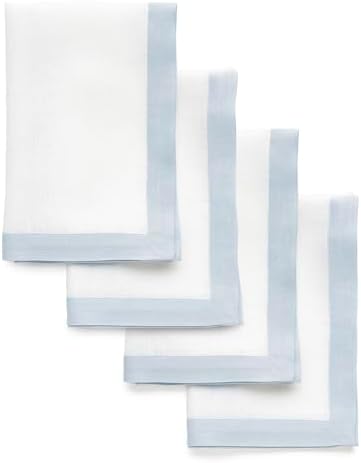 Solino Home 100% Linen Napkins, 20 x 20 in, Blue and White Border, Set of 4